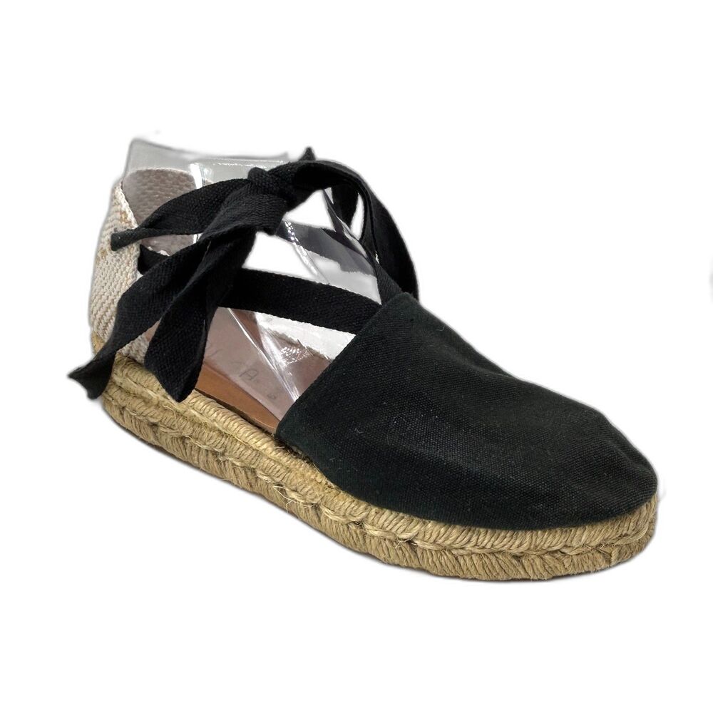 Unisa Womans Black Canvas and Tan Jute Ankle Wrap Espadrille Sandals Size 6.5